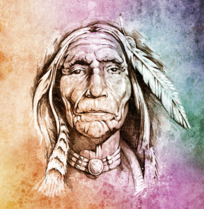 Sketch of tattoo art, portrait of american indian head over colorful paper